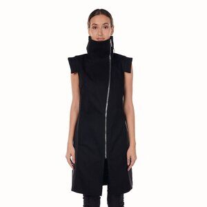 Women's Asymmetrical High-Collar Sleeveless Jacket, Black, Cotton/Polyester